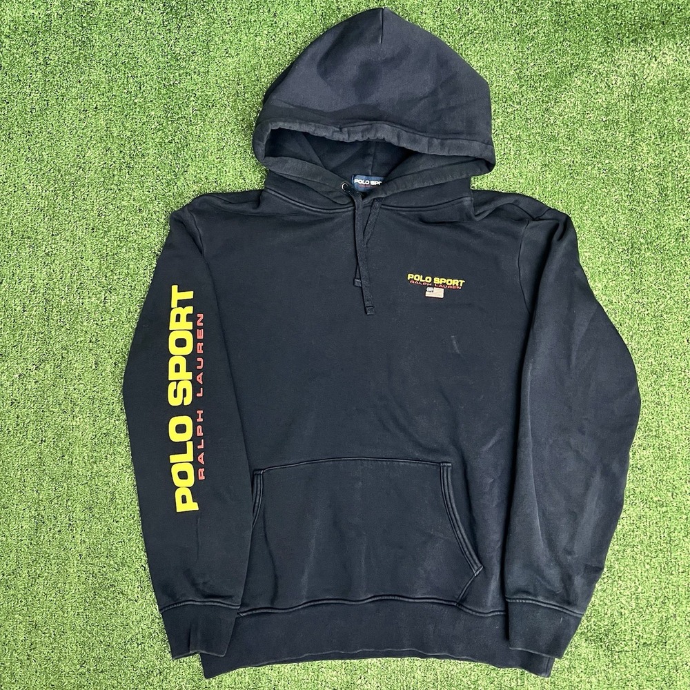 Polo Sport Ralph Lauren Hoodie Sweatshirt Spellout Fleece Lined Navy XL Hip Hop